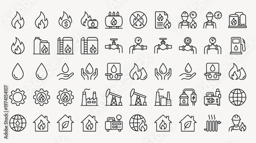 Set of 30 outline icons related to natural gas. Linear icon collection. Editable stroke. Vector illustration
