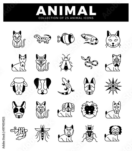 A diverse animal icons in a grid layout on a white background with a black header.