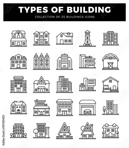 outline building icons on white background. including houses and commercial structures