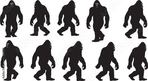 Bigfoot silhouettes in various walking poses vector