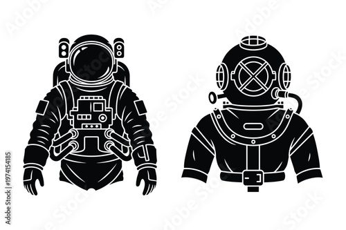 Astronaut and deep sea diver silhouettes, space and ocean exploration contrast