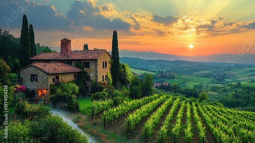 Tuscan villa at sunset over vineyards