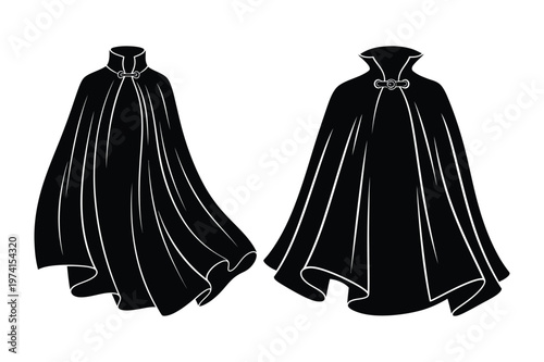 Dramatic black vampire cape with high collar vector illustration, halloween