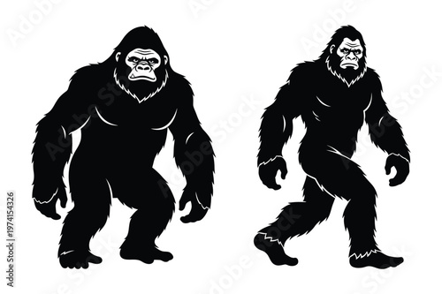 Large bigfoot sasquatch ape creature in two poses vector illustration