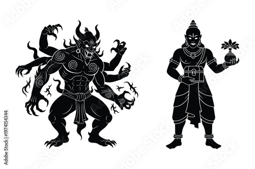 Mythological figures demon and deity with multiple arms and traditional attire