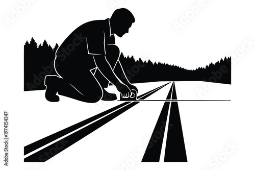 Person marking lines on a road with a tool and trees in background vector