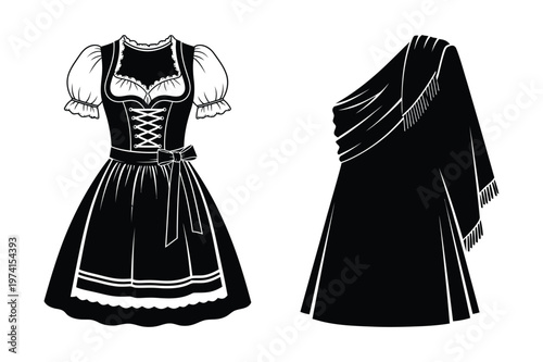 Traditional european dirndl dress and ancient draped garment cultural fashion