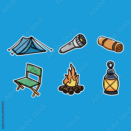 Cute Camping Icons Set With Tent, Campfire, Lantern, Flashlight, Sleeping Bag And Chair For Outdoor Adventure