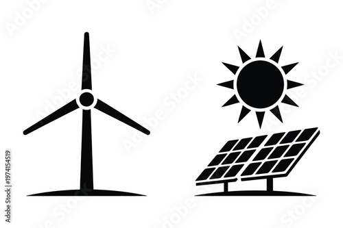 Wind turbine and solar panels with sun renewable energy vector icon set