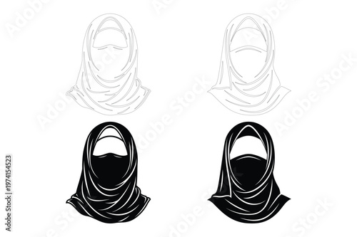 Muslim women wearing hijab and niqab headscarves vector outline and silhouette