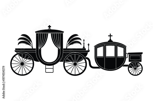 Vintage funeral hearse carriage with trailer silhouette vector illustration