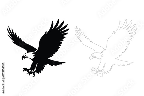 Bald eagle flying with outstretched wings silhouette vector illustration