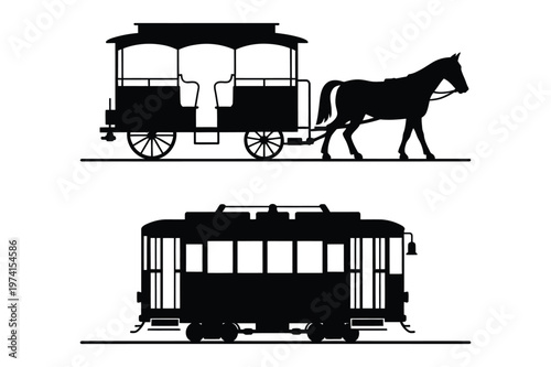 Vintage horse-drawn carriage and tram car black silhouettes, vector illustration
