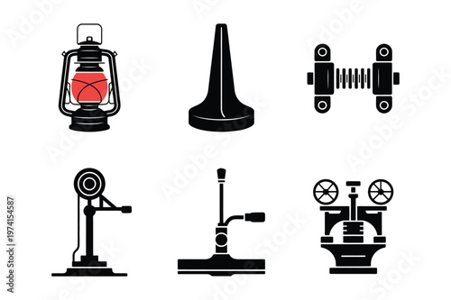 Collection of vintage industrial and mechanical tools and machines silhouettes
