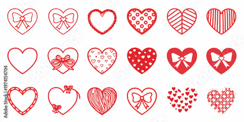 Collection of hand drawn red hearts in various decorative styles