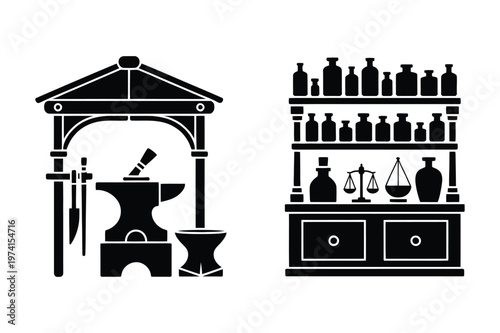 Traditional blacksmith forge and apothecary shop display silhouettes
