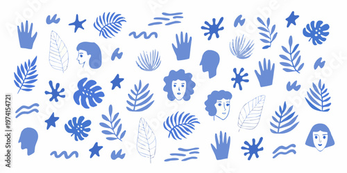 Stylized blue illustration featuring faces hands leaves and abstract shapes