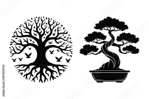 Tree of life symbol with flying birds and potted bonsai tree silhouettes