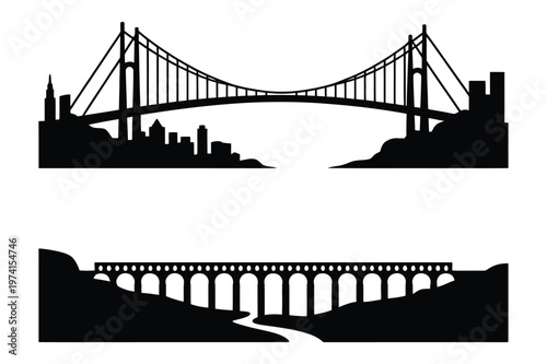 Modern suspension bridge with cityscape and ancient aqueduct bridge silhouettes