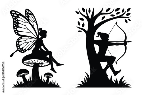 Fantasy fairy sitting on mushroom and archer with bow against tree silhouette
