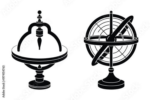 Vintage astronomical instruments silhouettes - armillary sphere and sundial