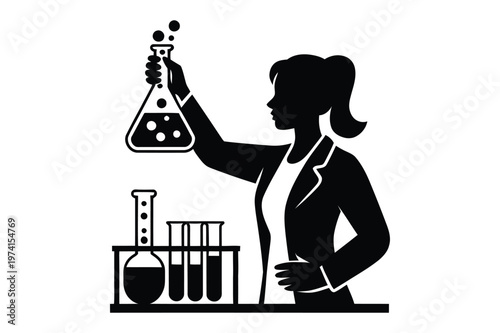 Female scientist holding flask in laboratory with test tubes silhouette