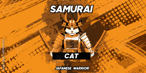 A whimsical illustration of a cat dressed as a samurai warrior