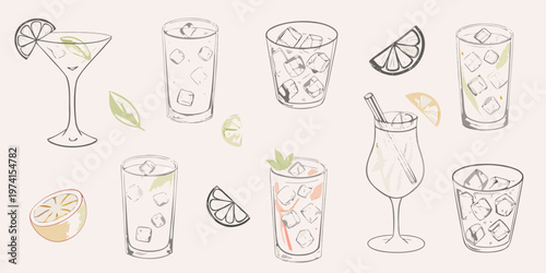 Collection of hand drawn cocktail glasses filled with ice and citrus