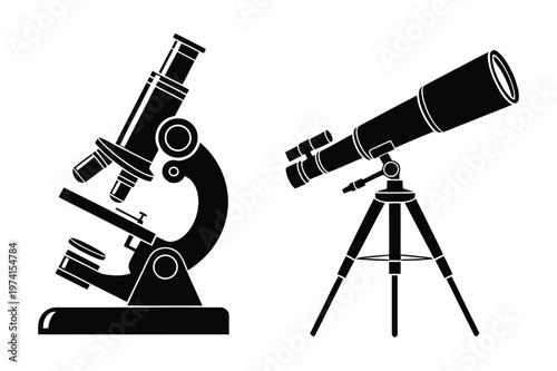 Microscope and telescope scientific instruments silhouettes with microscope