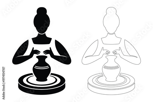 Potter shaping clay on wheel silhouette and outline vector illustration