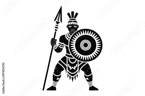 African tribal warrior with spear and shield silhouette vector illustration