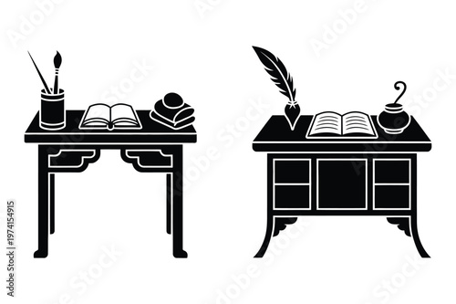 Historical desks with writing and art tools: quill pen inkwell books, historical