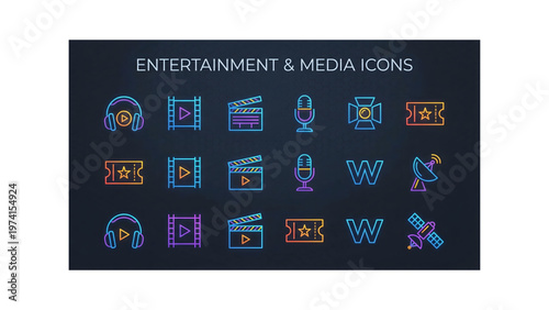 A vibrant collection of outlined digital icons representing diverse facets of entertainment, media production, and digital communication, ideal for modern web and mobile interface designs