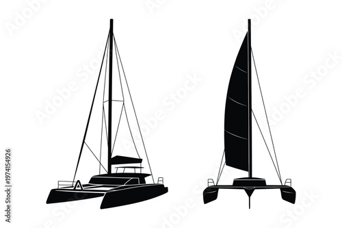 Modern catamaran sailboat: front and side views of twin hull vessel