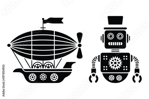 Steampunk fantasy elements: airship blimp and robot character with top hat
