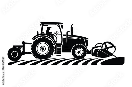 Tractor plowing field silhouette vector illustration for agriculture and farming