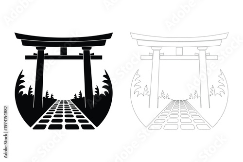 Japanese torii gate pathway icon silhouette vector illustration traditional