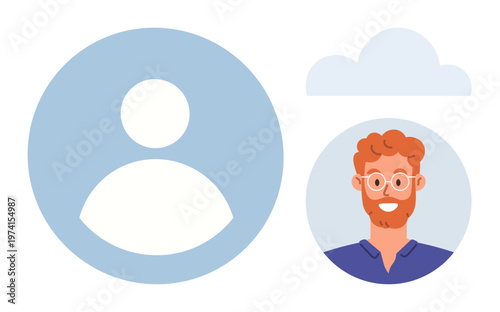 Social media, cybersecurity, digital identity, cloud storage, user profiles, virtual communication. A blank user avatar icon, a smiling male avatar and a cloud symbol. Social media and cybersecurity