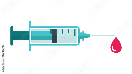 Medical Syringe with Needle and Red Blood Drop Illustration, Healthcare and Science Concept for Diagnosis, Treatment, or Blood Donation.