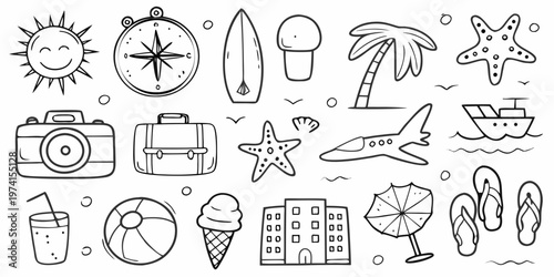 Black and white doodle set depicting various summer vacation and travel items