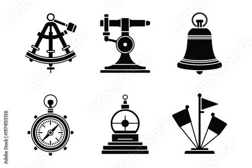 Nautical navigation instruments and maritime tools icons set vector illustration