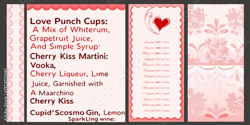 Vintage recipe card for love punch cups and cherry kiss martini cocktails