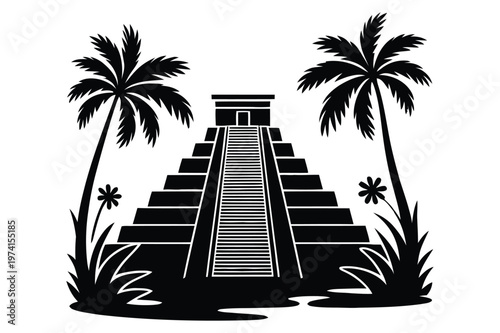 Ancient mayan pyramid with tropical palm trees vector illustration, architecture