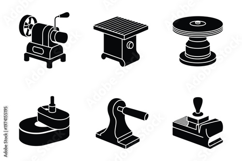 Industrial workshop machines and manufacturing tools icon set vector