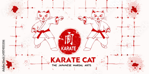 Two karate cats in action pose with a japanese martial arts theme