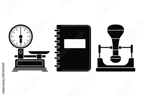 Vintage accounting office tools scale ledger stamp vector icons set