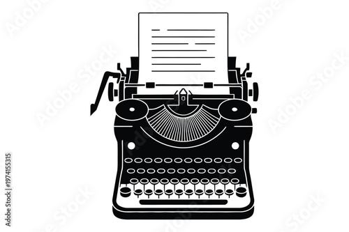 Vintage typewriter with paper old technology writing tool vector illustration