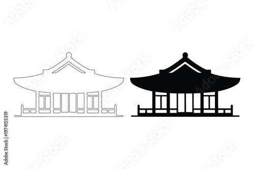 Traditional japanese temple pagoda architecture outline and silhouette vector