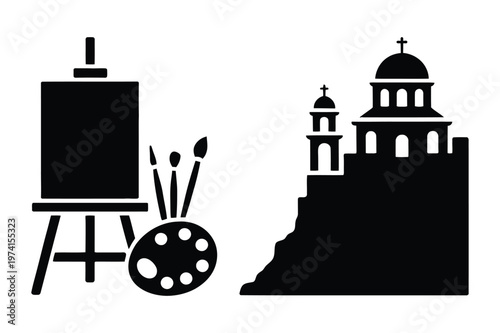 Easel with canvas and palette alongside a church building on a hill vector