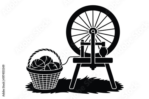 Traditional spinning wheel with yarn basket and wool balls vector illustration